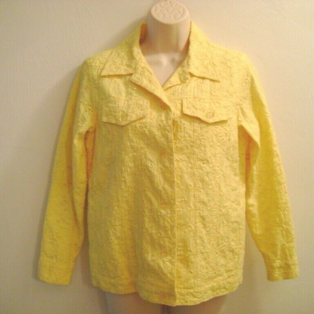 Quacker Factory Jeanne Jacket Size XS (Runs Larger) Yellow Eyelet Pearl Accents